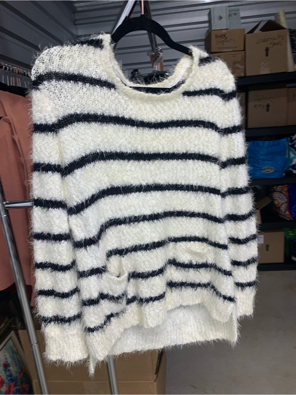 Cozy Cream and Black Striped Fuzzy Sweater